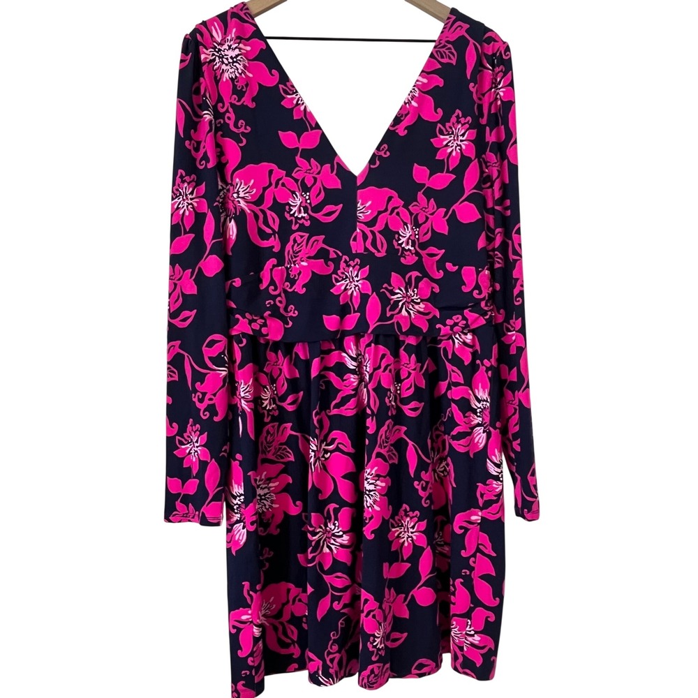 Lilly Pulitzer Miriana Dress XL Fuschia Navy Blue Long Sleeve Pullover VNeck NWT - Picture 2 of 6